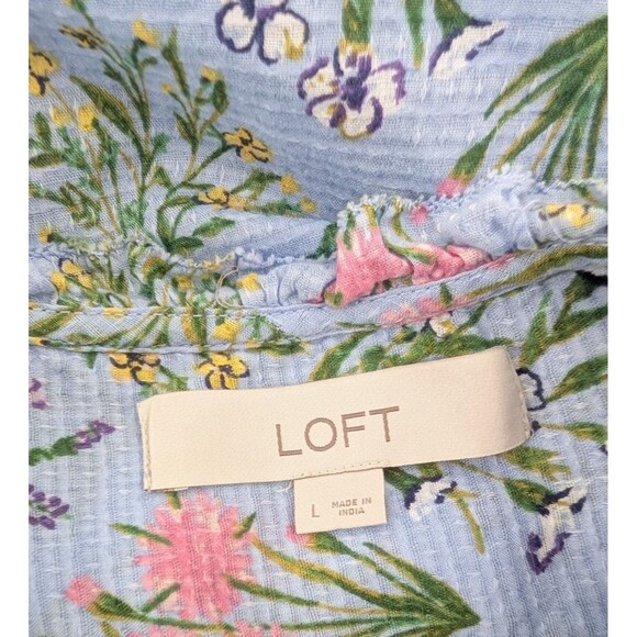 Loft Blue Floral Ruffle Short Sleeve Whimsical Floral Flowy Tie Blouse Size L - Picture 3 of 6